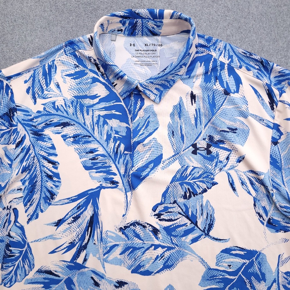 Under Armour Polo Shirt Mens XL Blue Pink Floral Playoff Performance Golf Loose